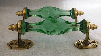 2 Ps Vintage Door Handles Cabinet Puller Green Crystal Cut Glass Brass End Decor