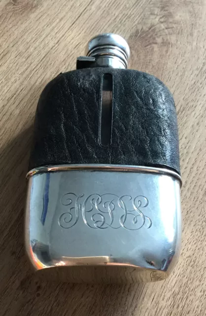 Sterling Silver 925  Leather & Glass Vintage Hip Flask With Silver Cup Attached.