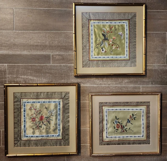Lot 3-Silk Embroidery Panel Birds Flower Vintage Asian Chinese Japanese Framed