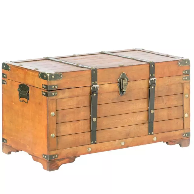 Vintiquewise Storage Trunk 13.5" W/ Lock Carrying Handles Hinged Wood Brown