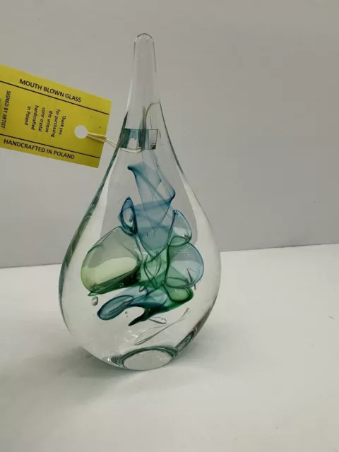 Art Glass Teardrop Blue Green Sommerso Air Bubble Paperweight Adam Jablonski