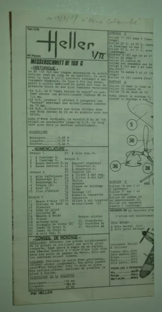 1/72ème PLAN DE MONTAGE POUR MESSERSCHMITT BF 109 G  -  pour kit HELLER N° 076