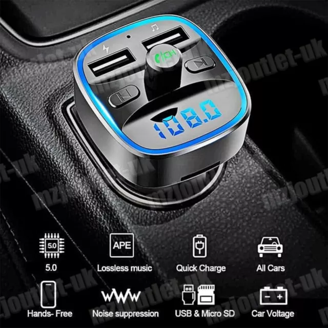 Car Wireless Bluetooth 5.0 FM Transmitter Music MP3 Player 2 USB Charger Adapter 2