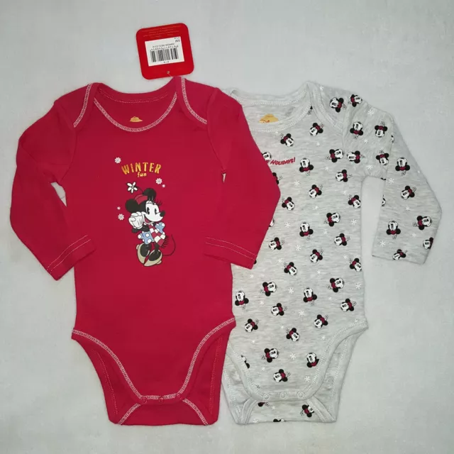 DISNEY BABY lot de 2 bodies bébé body MINNIE Fêtes 3 ou 6 mois rouge gris NEUF