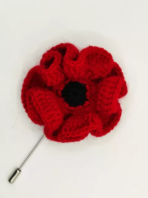 Handmade Knitted Crochet Red Poppy Flower Brooch Pin Remembrance Day