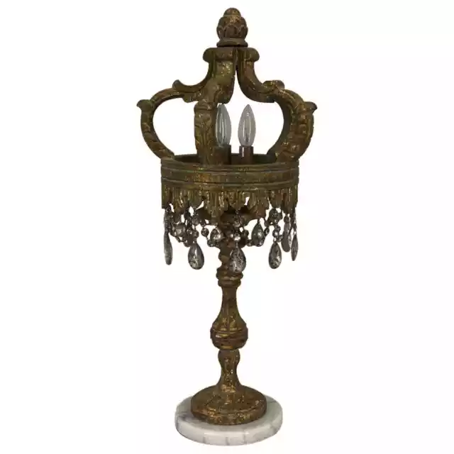 Royal Crown Table Lamp with Mercury Glass Crystals and Gold Leaf