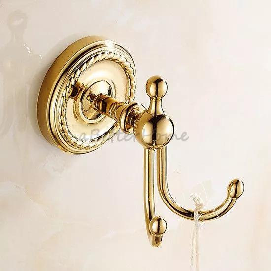 Gold Brass Wall Mounted Bathroom Towel Rack Coat Hooks Dual Robe Hook Hanger