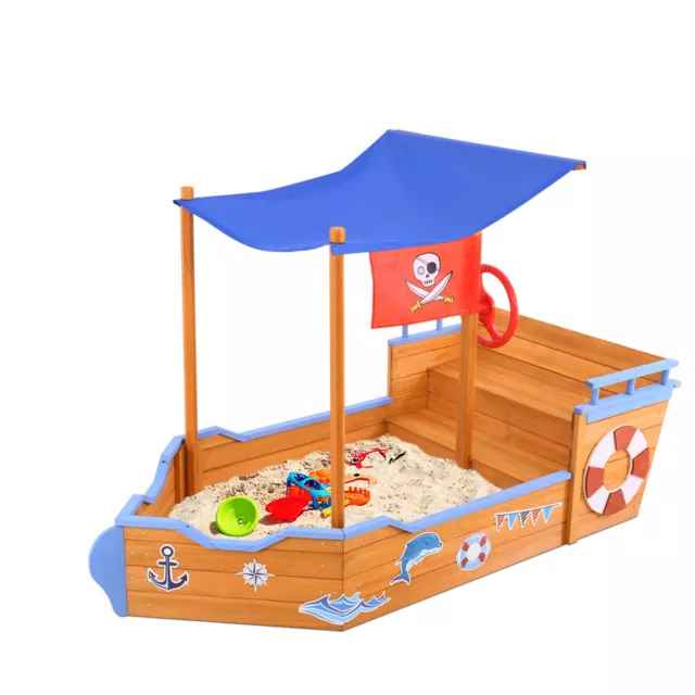 Keezi Kids Boat Sandpit Outdoor Toys Wooden Play Sand Pit Box Canopy Children