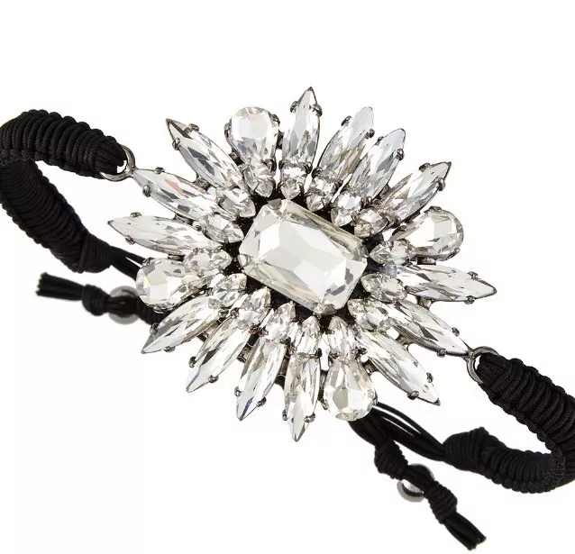 TAI Crystal Black Silk Adjustable Cord Statement Bracelet Silver Flower $153 🎁