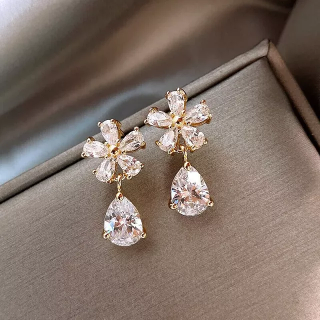 18K Gold Filled Plump White Crystal Flower Teardrop Stud Earrings