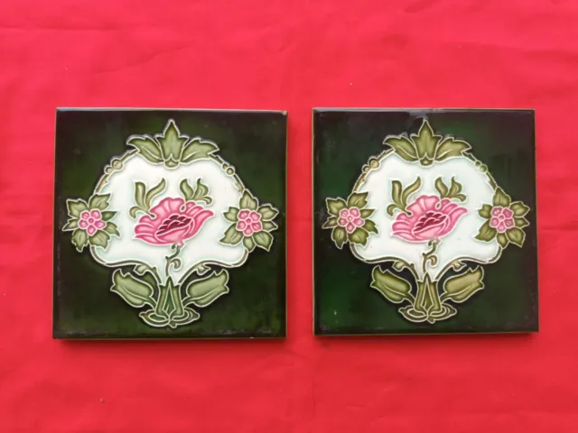 2 Piece Old Art Floral Design Embossed Majolica Ceramic Tiles Japan 0147 3