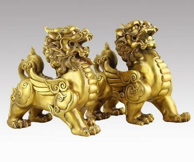Chinese Pure Brass talisman Fengshui Evil Door Fu Foo Dog Lion beast kylin Pair