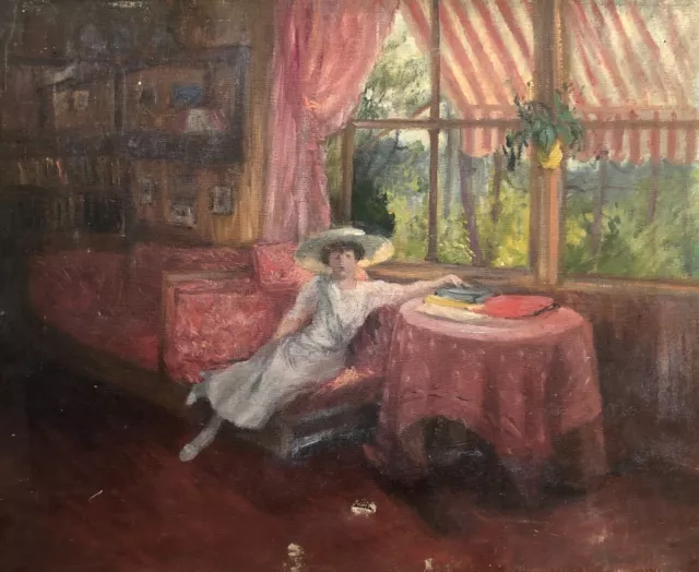 Tableau Ancien, Femme Dans Un Intérieur, Huile Sur Toile, Peinture, Début XXe