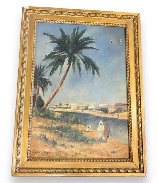 Antique Painting Oil On Canvas Landscape L.Gilbert Frame Orient Rare Old 20th