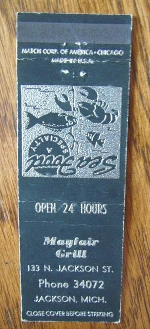 Animal Lobster Matchbook Matchcover: Mayfair Grill (Jackson, Michigan) -F1