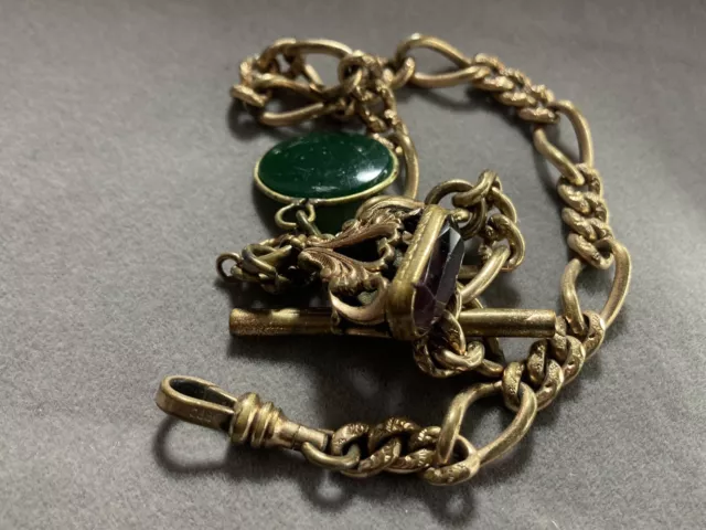 Vintage Gold Filled Pocket Watch Chain With Green Stone And Amethyst Fob (K10)