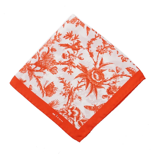Kiton Napoli Red-Orange Victorian Floral Print Silk Pocket Square