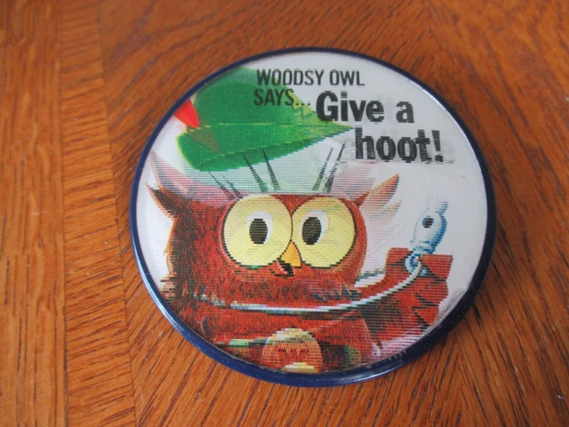 Vintage Woodsy Owl Pin Pinback Flicker Button 2.5"  "Give A Hoot Don't Pollute"