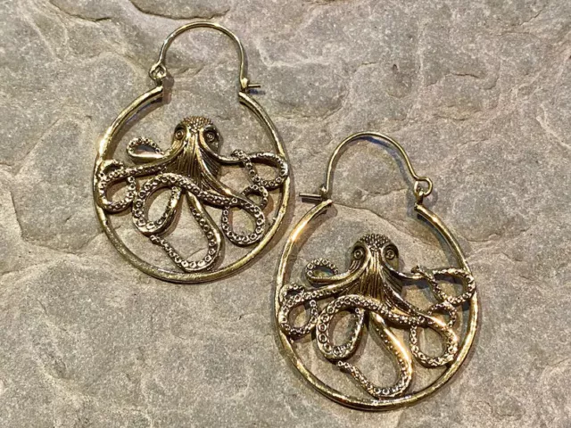 Large Gold Plated Vintage Afghani Brass Hoops Boho Tribal Mandala Earrings Ppd