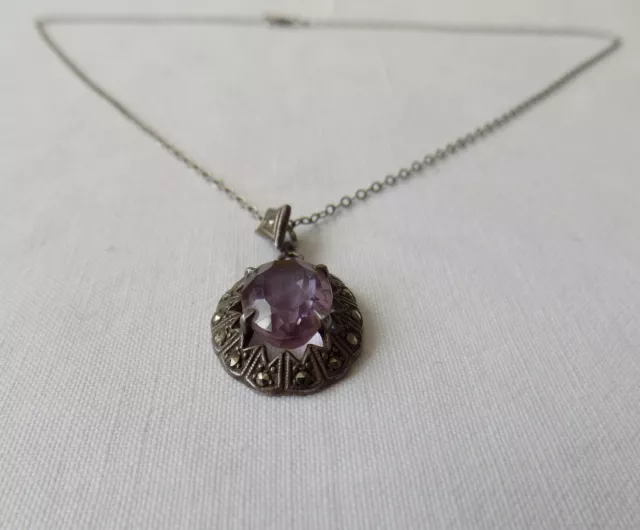 Beautiful Vintage Silver Necklace with Amethyst & Marcasite Stones