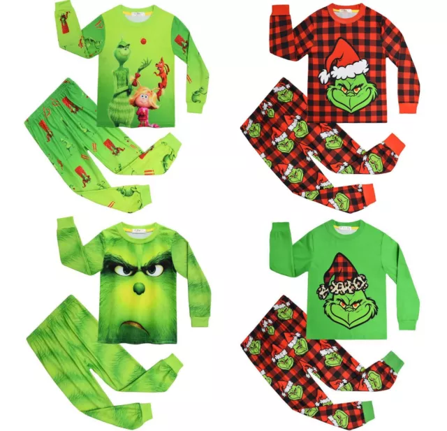 Kids Girls Boys Grinch Christmas Pyjamas Green Monster Nightwear Tops Pants PJs