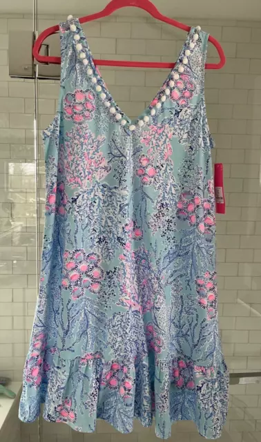 Lilly Pulitzer NWT Camilla Swing Dress Sz L Blue Ibiza Now You See Me Pom-Pom