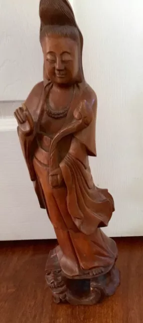Large wood carved Kwan yin statue 16” on ornate pierced stand rare HTF signed!