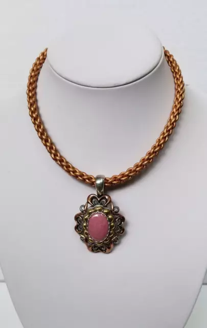 Carolyn Pollack 925 Silver Brass Copper Rhodonite Enhancer Pendant Leather Chain