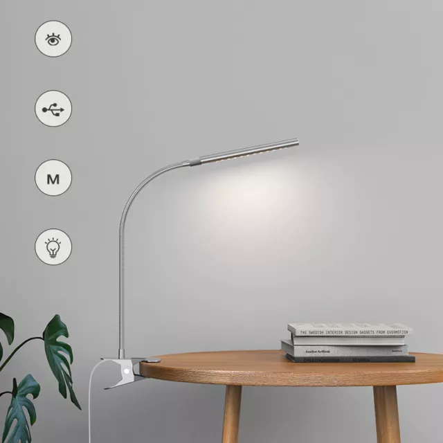 USB Clip-On Led Desk Lamp Dimmable Metal Gooseneck Adjustable Brightness Light 2