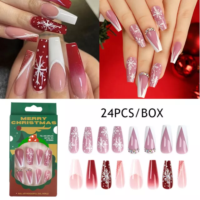 24 piezas Uñas Largas/Uñas Prensadas Decoración de Uñas Ballet Navidad E