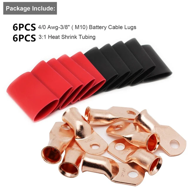 20/12x 4/0AWG Gauge 3/8 Copper Lugs W/ BLACK&RED Heat Shrink Ring Terminals Wire