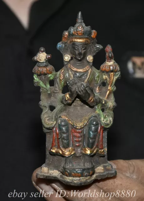 4" Old Tibet Tibetan Bronze Painting Maitreya Bodhisattva Goddess Statue