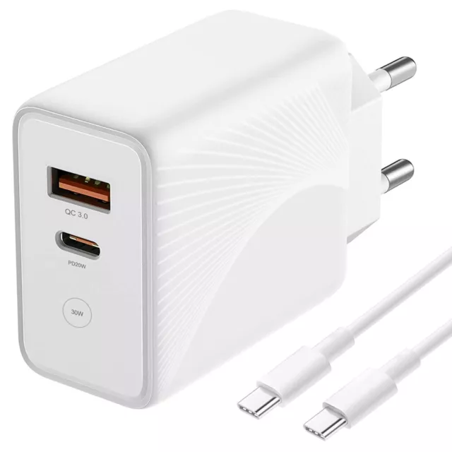 Chargeur 2 Port Rapide 30W USB C USB A+Cable 1M Pour iPhone 15/15 Pro Max /Redmi