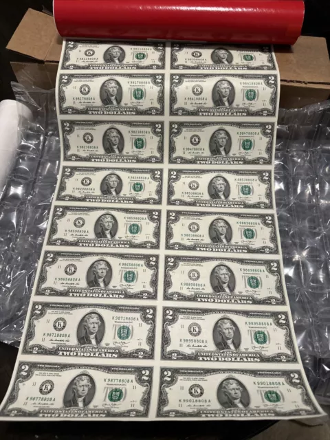 2013 $2 16–Note Uncut Currency Sheet - New! Two dollars - FREE Shipping!