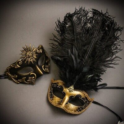 Luxury Black Gold Men & Women Couple Masks Masquerade Costume Party Mask Feather