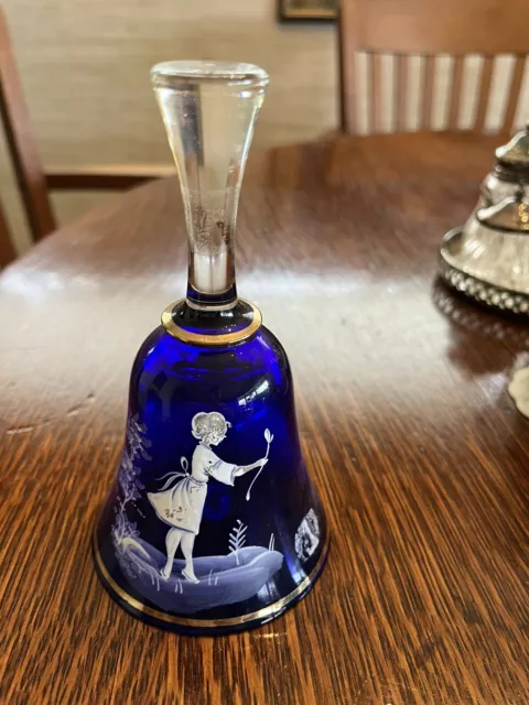 Cobalt Blue Glass Dinner Bell 5.75" Tall With White Painted Girl