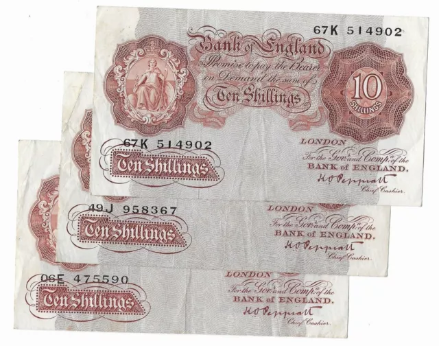 K O Peppiatt Ten Shillings 10/- Banknote 1948-50 Threaded Prefix VF-GVF B262