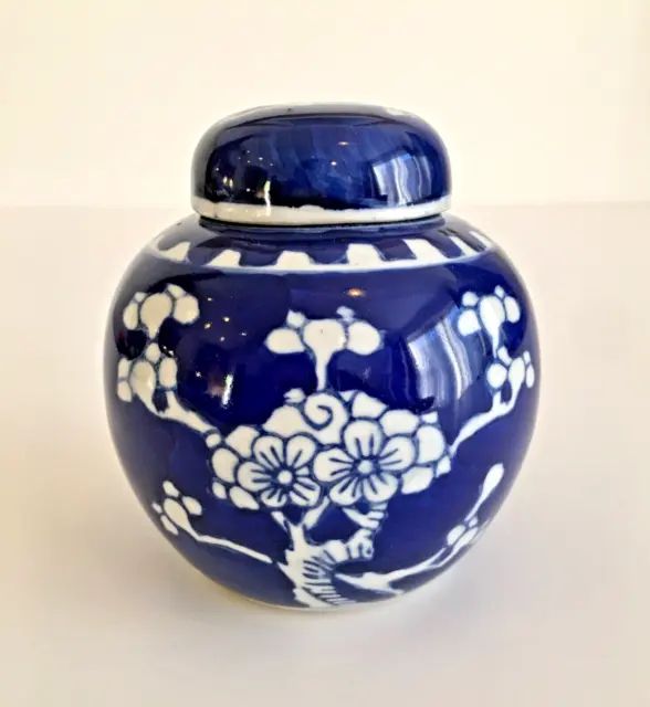 Vtg Chinese Porcelain Blue White Prunus Ginger Jar Pot W/Lid Double Ring Mark