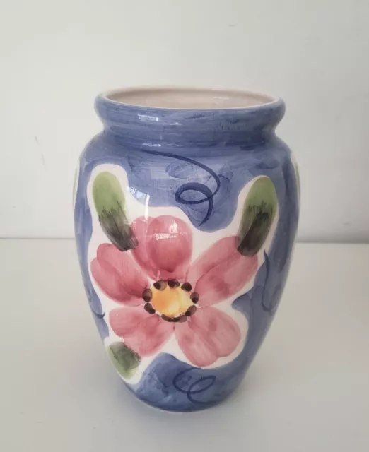 Blue Glazed Ceramic Flower Vase Hand-Painted Floral Pattern 8.5" Tall