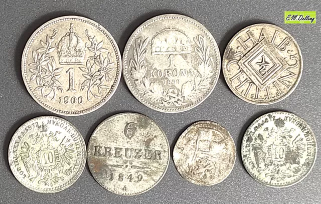 7 x Silbermünzen Österreich Ungarn, Kreuzer, Kronen, ... ab 1849