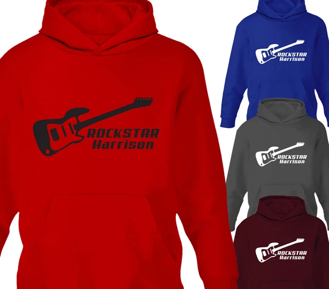 Personalised Childrens Music Rockstar Guitar Rock Kids Hoodie Hoody Gift