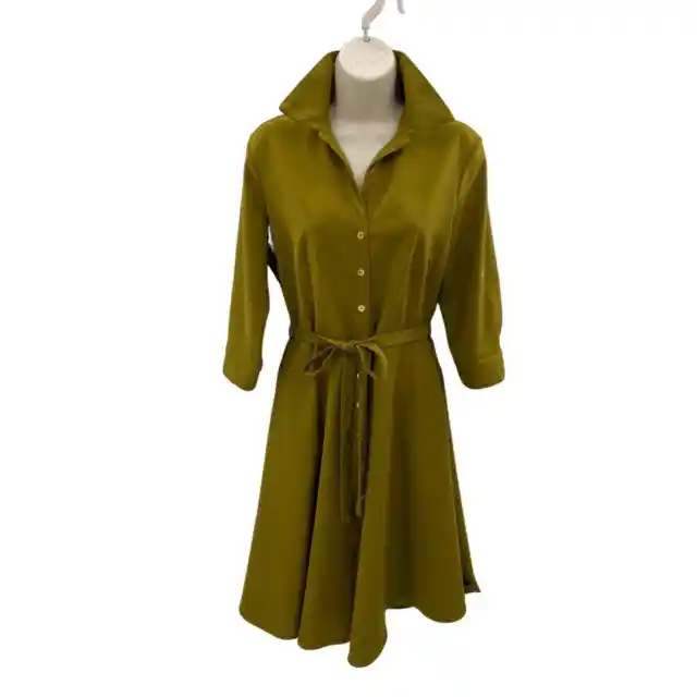 Sharagano Button Front Dress Womens 4 Chartreuse Green Belt Pockets