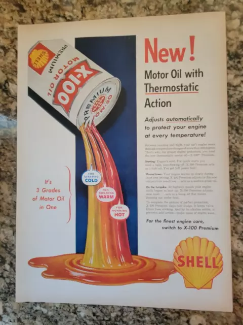 1957 SHELL X-100 Motor Oil Print Ad - New! Motor Oil with Thermostatic Action