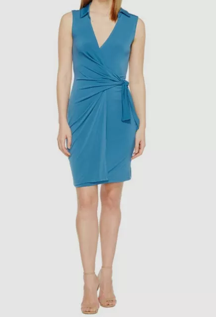 $71 Christin Michaels Women's Blue Gracy Sleeveless Jersey Wrap Dress Size S