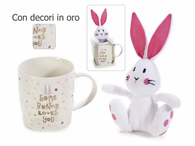 Pasqua Tazza Mug In Porcellana Con Peluche Coniglietto E Scritta Oro In Confezio