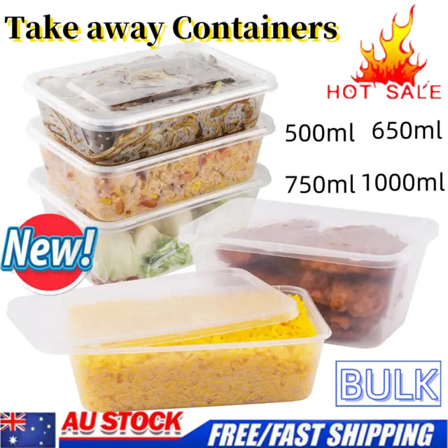 Food Containers Plastic Takeaway Storage Boxes Lid Bulk 500ml 650ml 750ml 1000ml