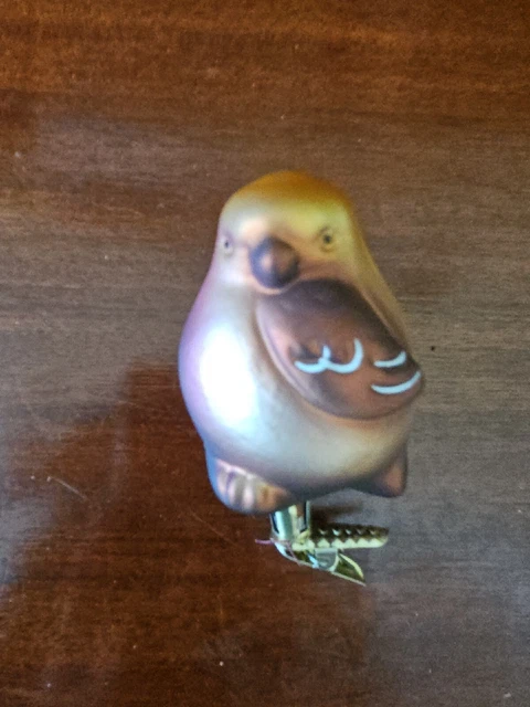 Blown glass bird chick clip on ornament. Brown, rose, gold colors