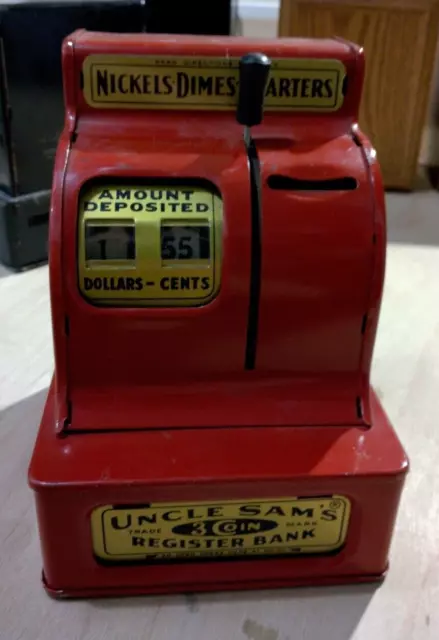 Vintage Red Uncle Sam’s 3 Coin Register Bank, Saving Box, Western Stamping Co.