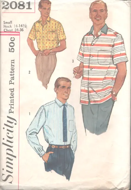 Vintage Simplicity Pattern 2081 ©1955 Men's Shirt, Size 14-14.5