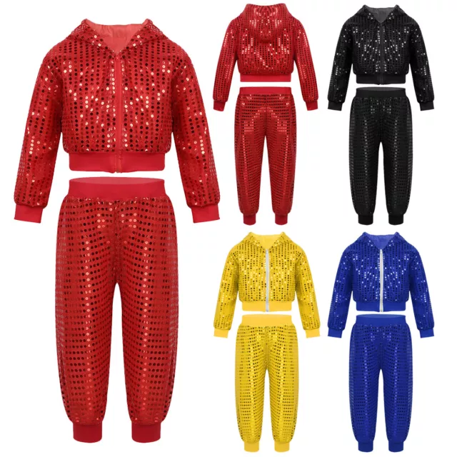 UK Stock Kids Girls Boys Jazz Hip Hop Dancewear Sequins Costume Jacket+Pants Set